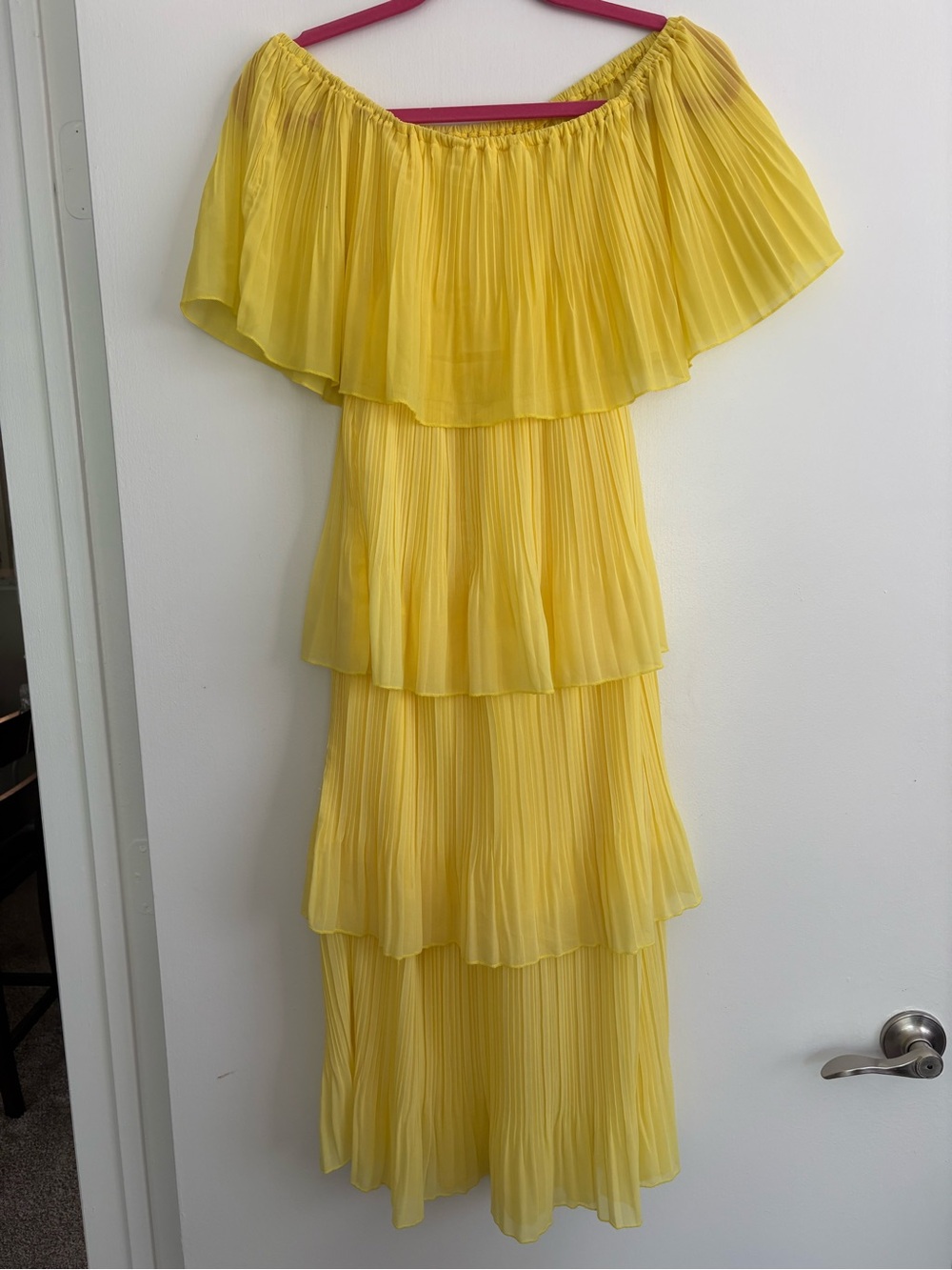 Yellow Off-Shoulder Tiered Pleated Maxi Dress